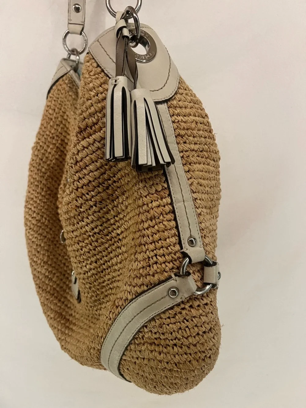 Vintage Y2K Coach Natural Straw White Leather Large Hobo Slouchy Shoulder Bag
